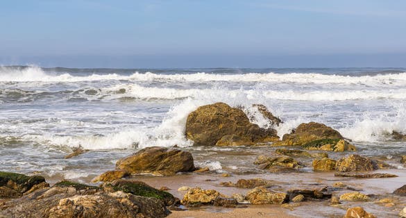 Europe, Portugal. Alcozelo. Europe, Portugal. Alcozelo. Breaking waves at the Praia da Mriamar, Miramar Beach.