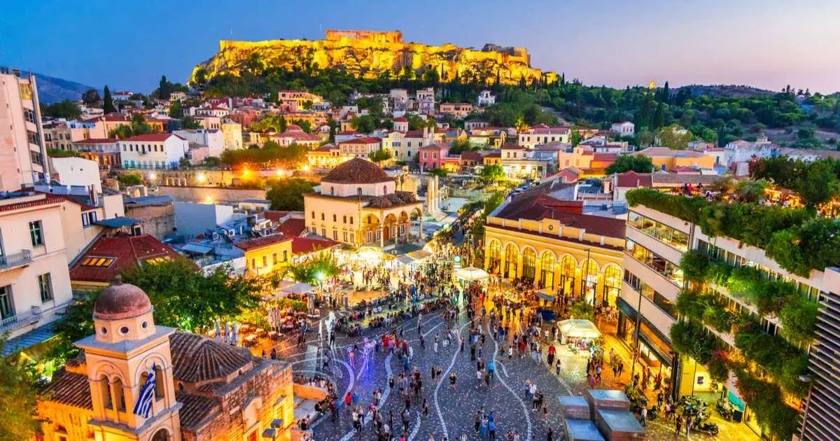 photo of view of Monastiraki Square 6 at night, Athens, Greece.