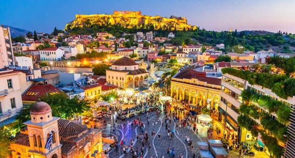 photo of view of Monastiraki Square 6 at night, Athens, Greece.