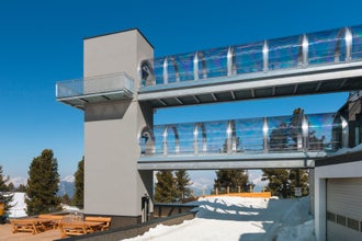 photo of view of Terrace and elevator of the mountain station of the Hochoetz chair lift in the Oetztal, Austria.