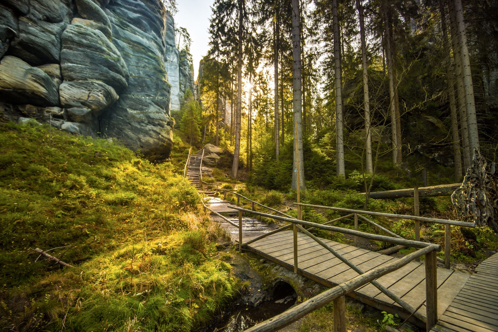 Photo of remains of rock city in Adrspach Rocks, part of Adrspach-Teplice landscape park in Broumov Highlands region of Czech Republic.