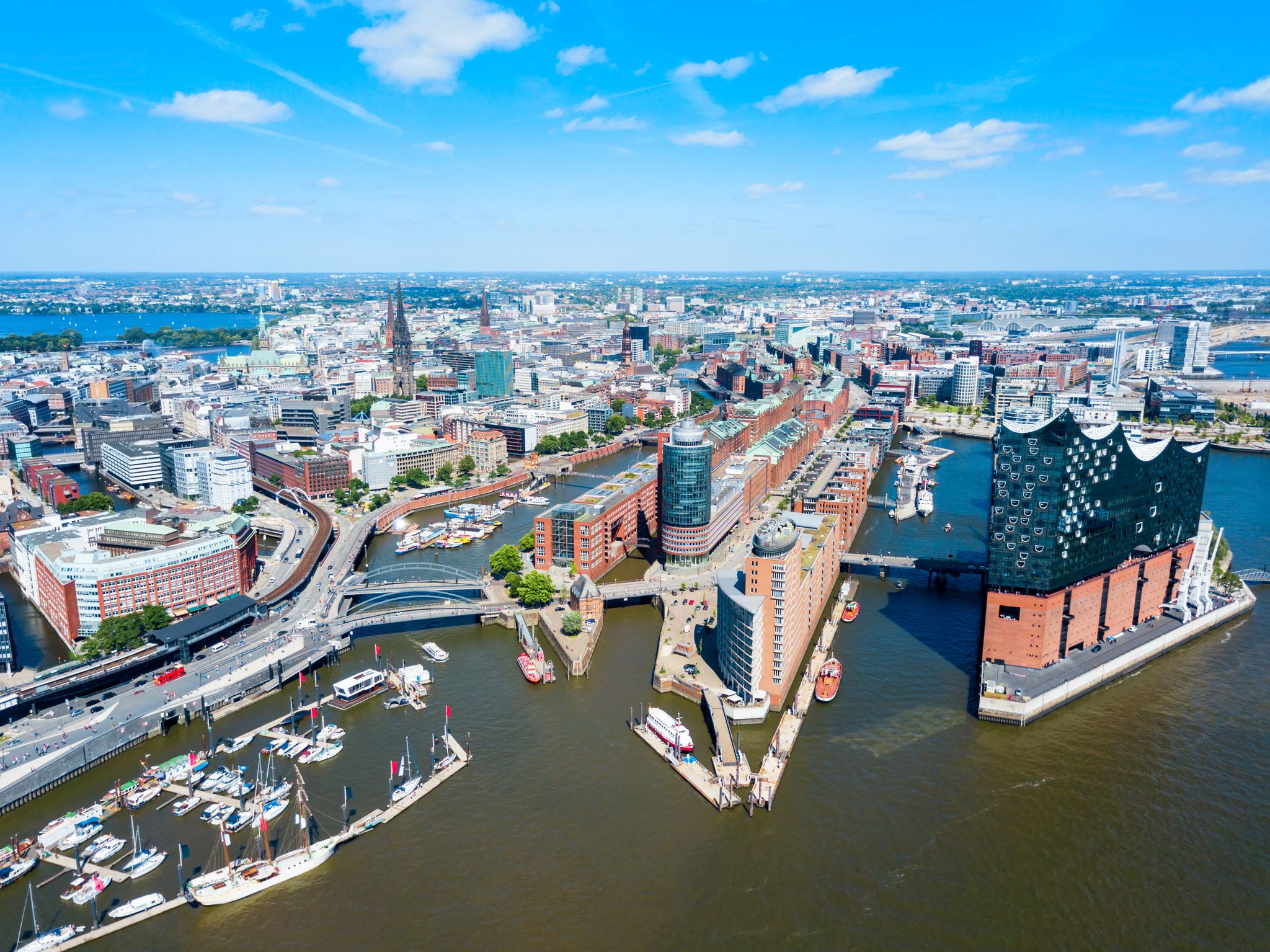Photo of aerial view of iconic Elbphilharmonie concert hall and Hamburg city centre, Germany.