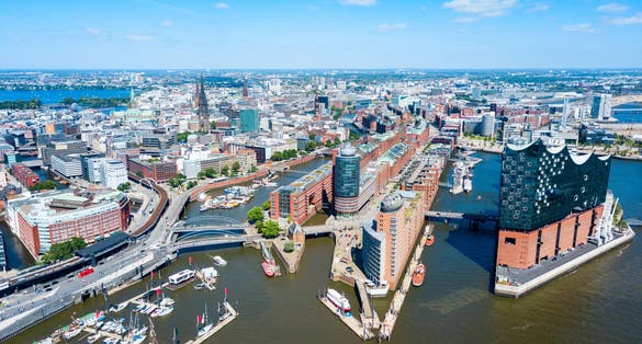 Photo of aerial view of iconic Elbphilharmonie concert hall and Hamburg city centre, Germany.