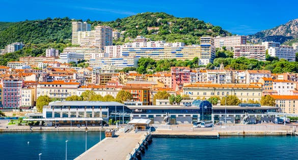 Photo of Ajaccio, Corsica, France coastal skyline.