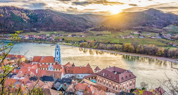 Photo of the Panoramic aerial view of beautiful Wachau Valley with the historic town of Durnstein.