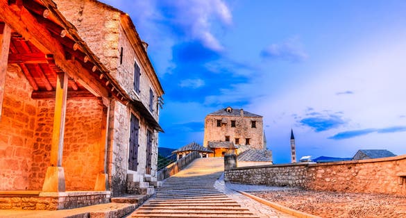 Mostar, Bosnia and Herzegovina. The Old Bridge, Stari Most, with emerald river Neretva.