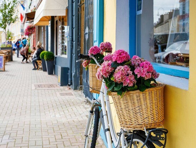 A white bicycle with wicker baskets full of pink flowers leans against a yellow wall on a charming street in Galway..jpg