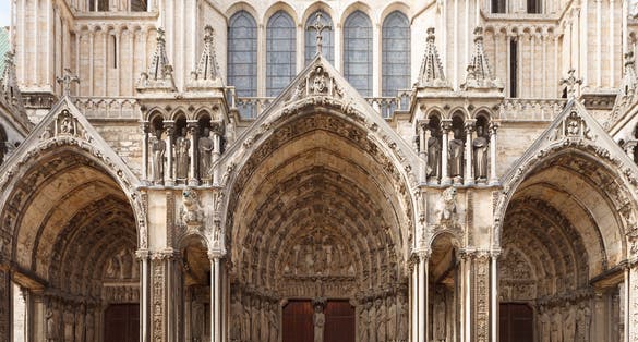 Chartres Cathedral or Cathedral of Our Lady of Chartres (Cathedrale Notre-Dame de Chartres). South facade. Chartres, France
