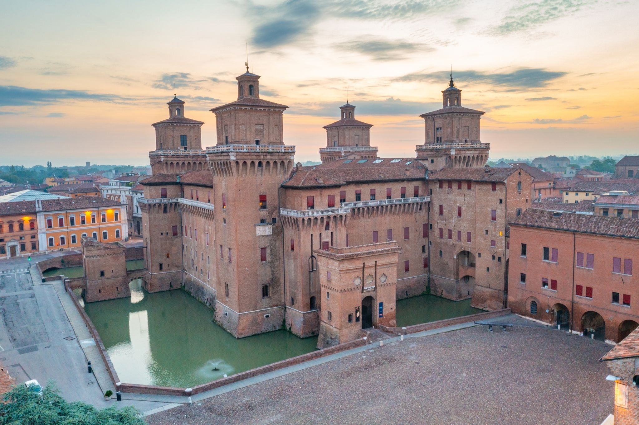Aerial view of Castello Estense in the Italian town Ferrara.