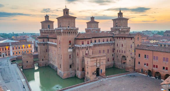 Aerial view of Castello Estense in the Italian town Ferrara.