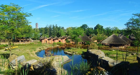 Photo of view of a traditional African landscape with straw huts in the steppe at the zoo Pairi Daiza, Belgium.