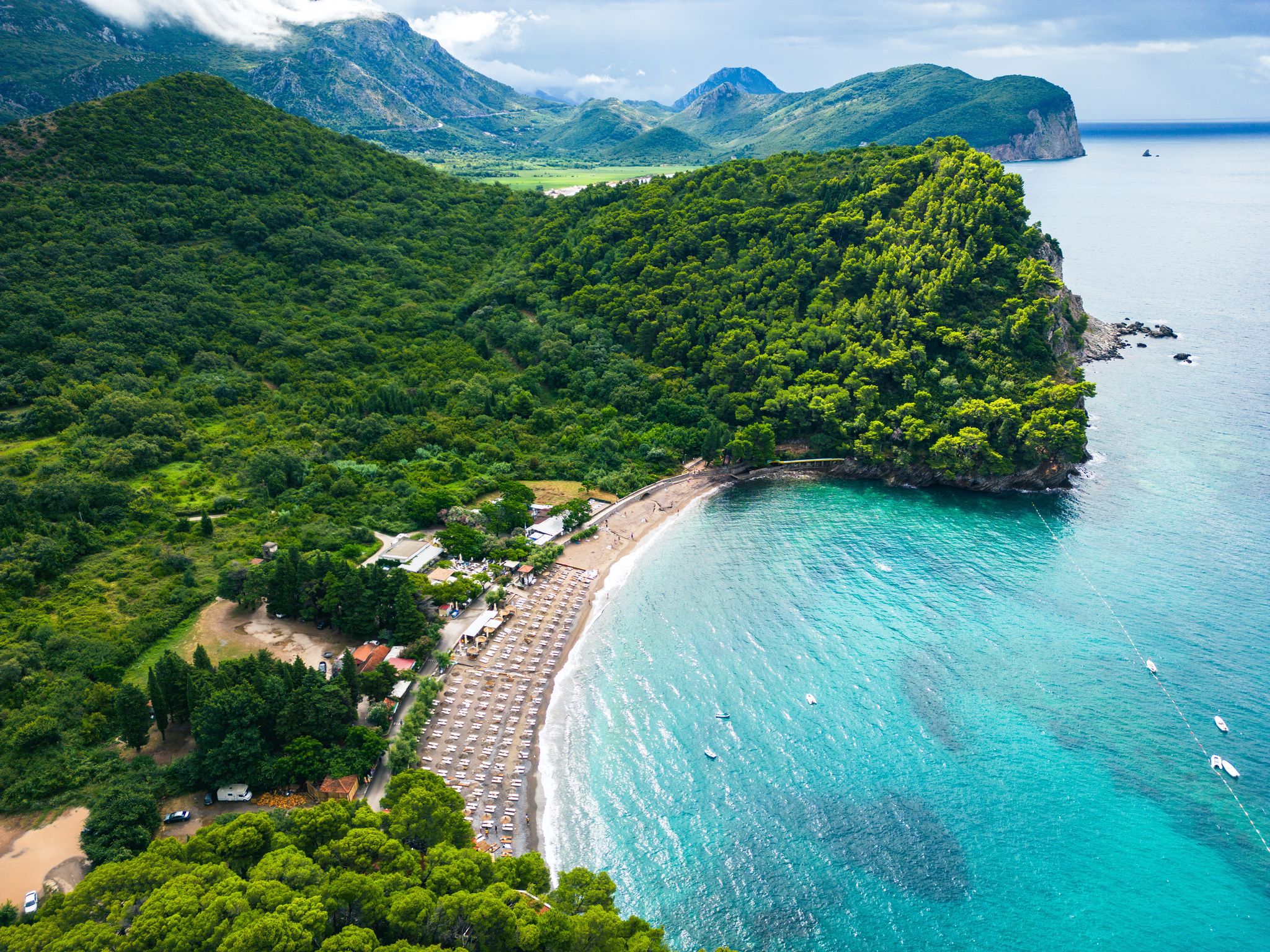 Photo of Luchica Beach Aerial View in Petrovac na Moru, natural landscapes of Montenegro.