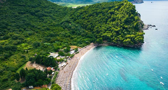 Photo of Luchica Beach Aerial View in Petrovac na Moru, natural landscapes of Montenegro.