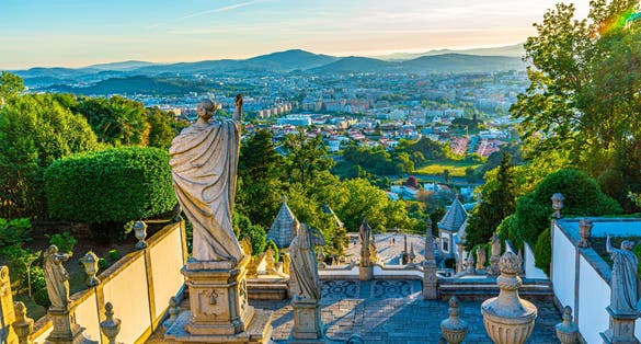View of the church of Bom Jesus do Monte in Braga famous for sculpture decorated staircase leading to it, Portugal