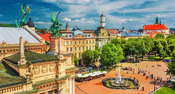 Photo of Lviv scenic city center view, historical center with many sights at sunset, Western Ukraine.