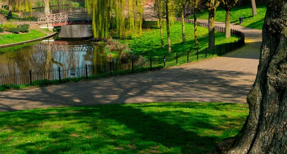 Kronenburgerpark in Nijmegen, The Netherlands. Park with hiking path, water and bridge