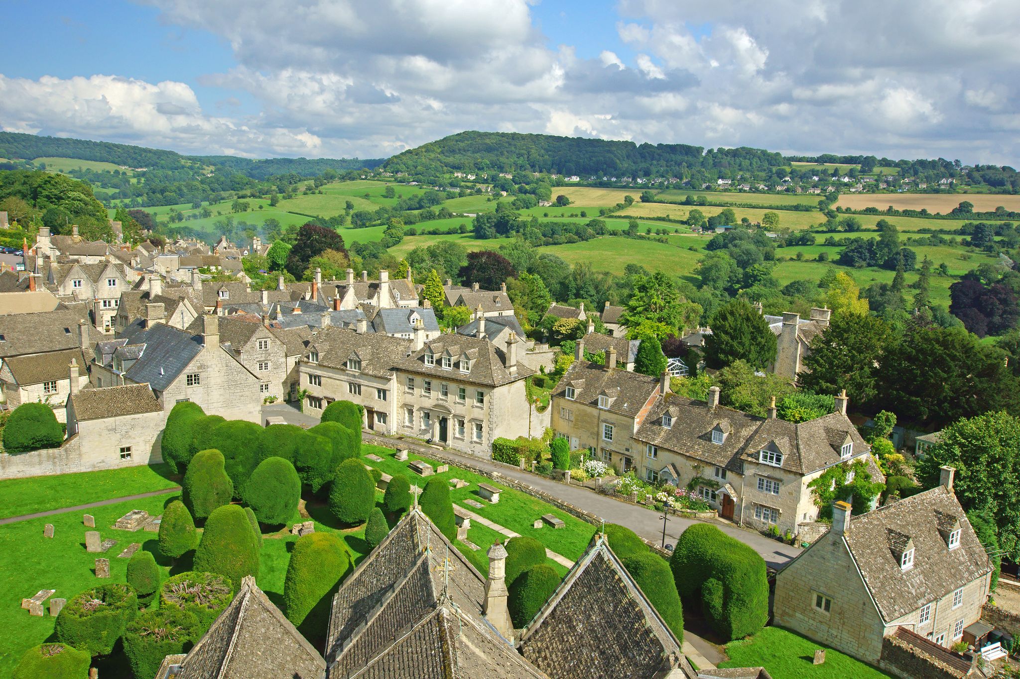 Photo of aerial view of the village of Painswick and the Cotswold escarpment towards Sheepscombe, The Cotswolds, United Kingdom.