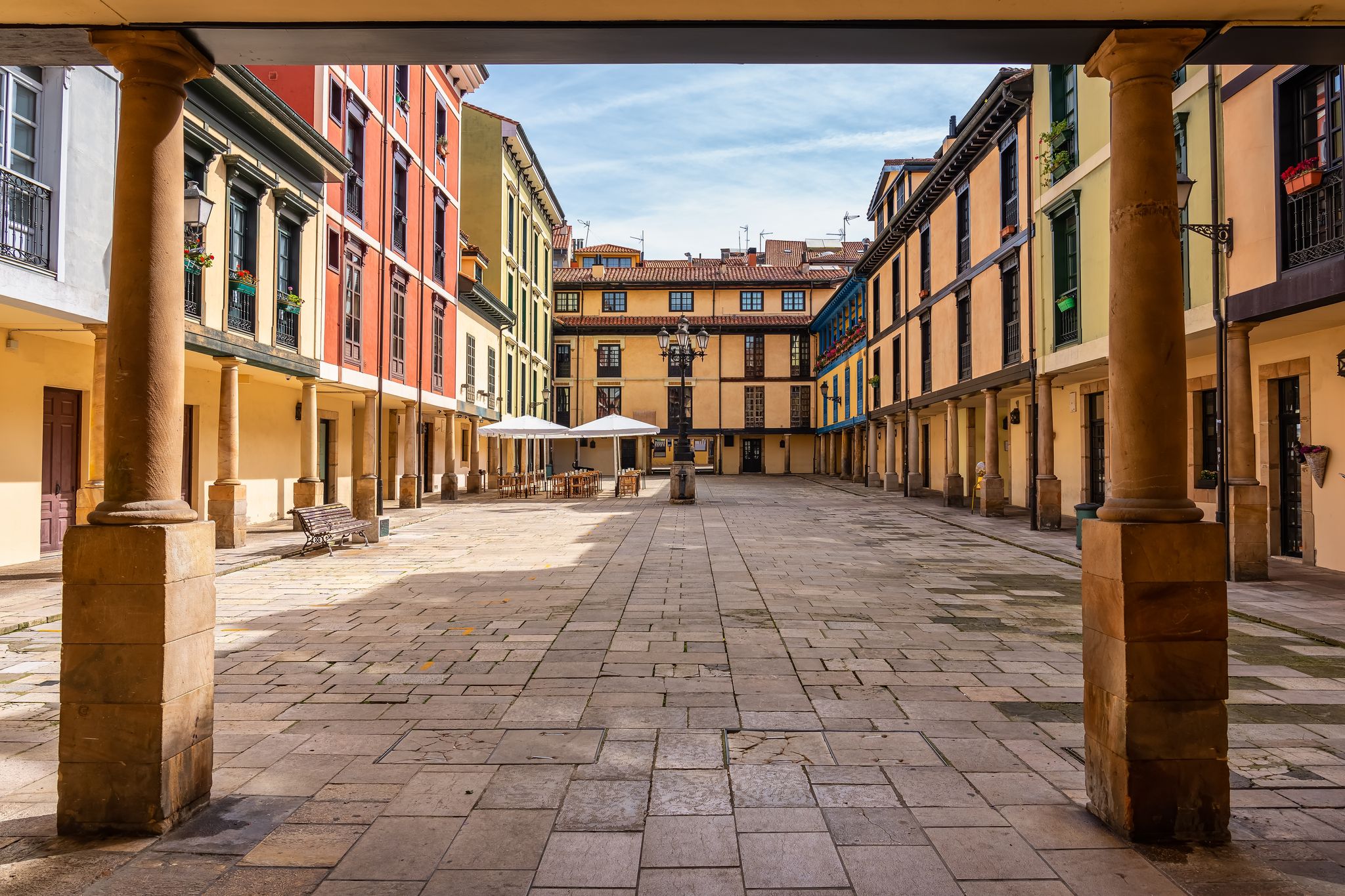 Photo of The Square of the Fontan market is located in the historical center of Oviedo and is surrounded by bar and shops, Asturias.