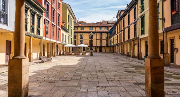 Photo of The Square of the Fontan market is located in the historical center of Oviedo and is surrounded by bar and shops, Asturias.