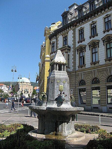 photo of view of Beautiful Zsolnay Fountain in Pecs, Hungary.