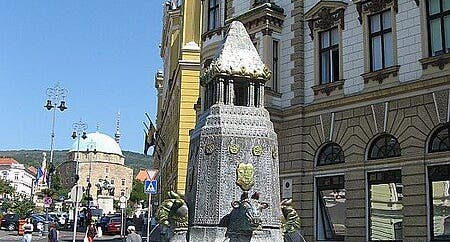 photo of view of Beautiful Zsolnay Fountain in Pecs, Hungary.