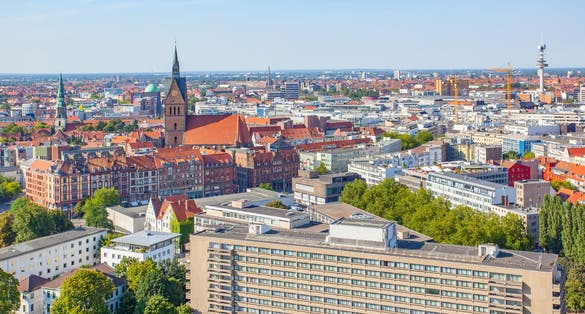 Photo of panoramic view of Hanover cityscape in Germany.