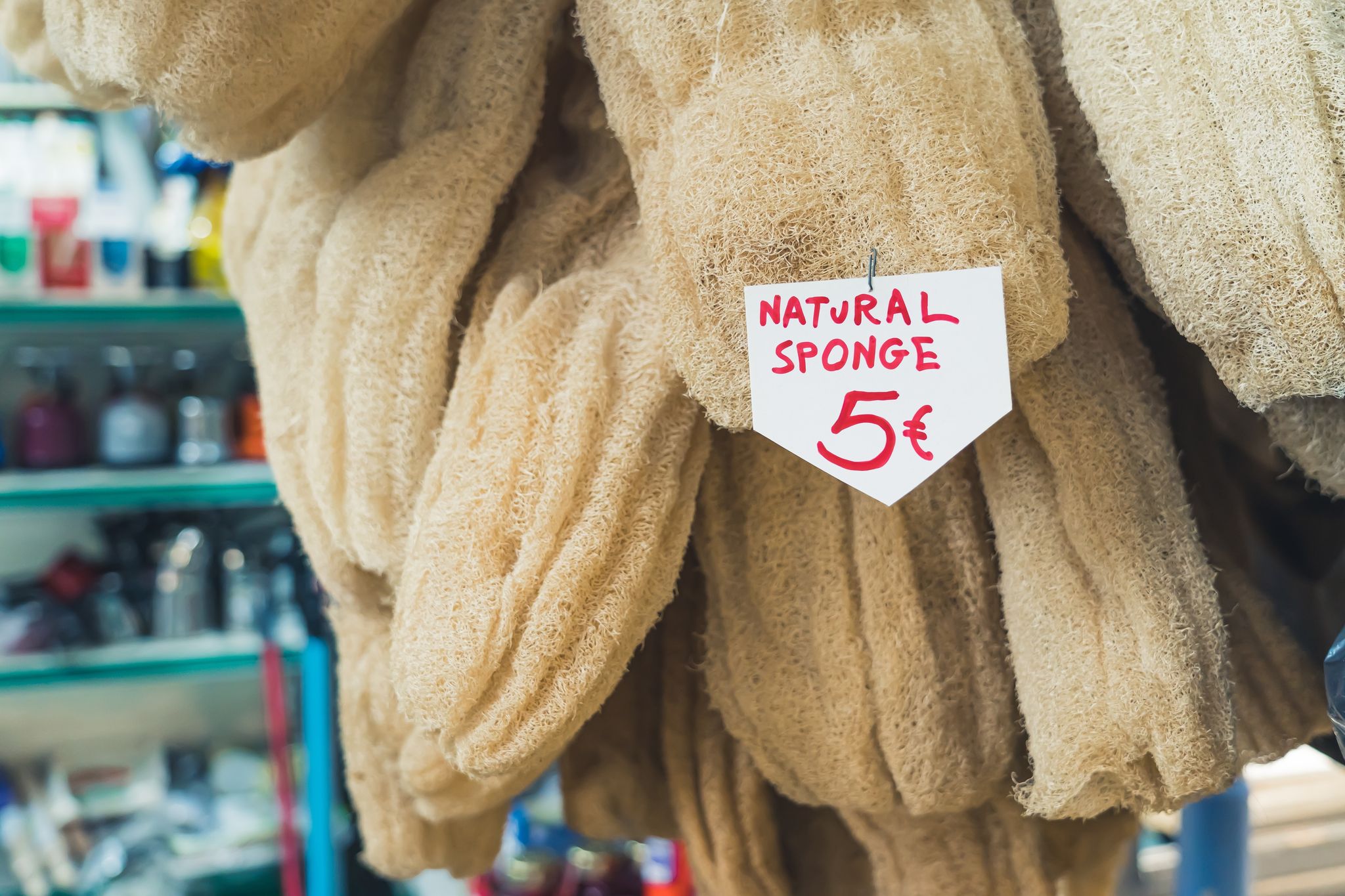 photo of Natural sponges for sale in a greek local Kapani Market. Sustainable product for sensitive skin and synthetic-free showering. High quality photo,Thessaloniki Greece.