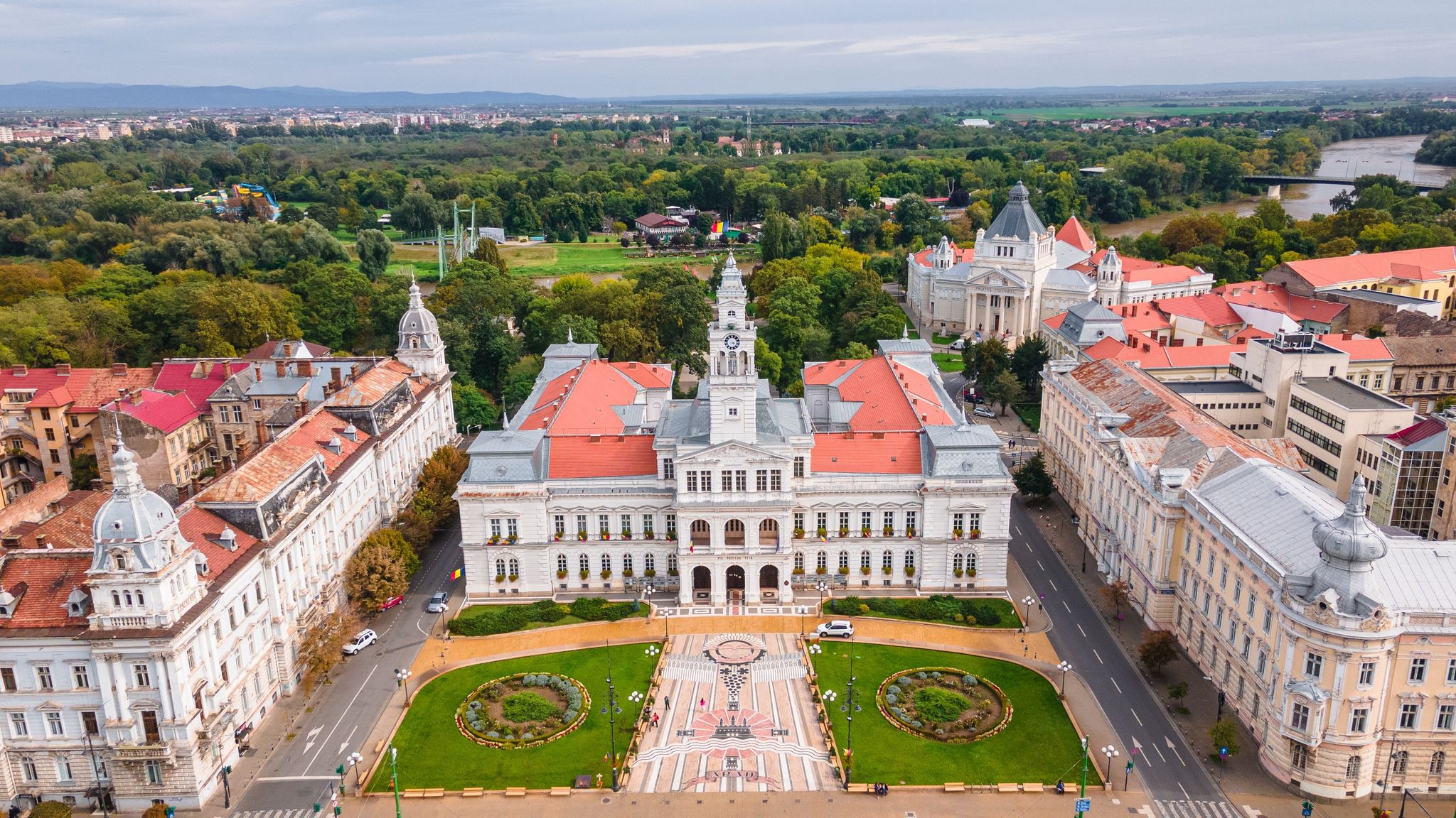 photo of view of Aerial photography of the city hall in Arad, Romania. Photography was shot from a drone at a higher altitude from the back of the administrative palace.
