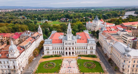 photo of view of Aerial photography of the city hall in Arad, Romania. Photography was shot from a drone at a higher altitude from the back of the administrative palace.