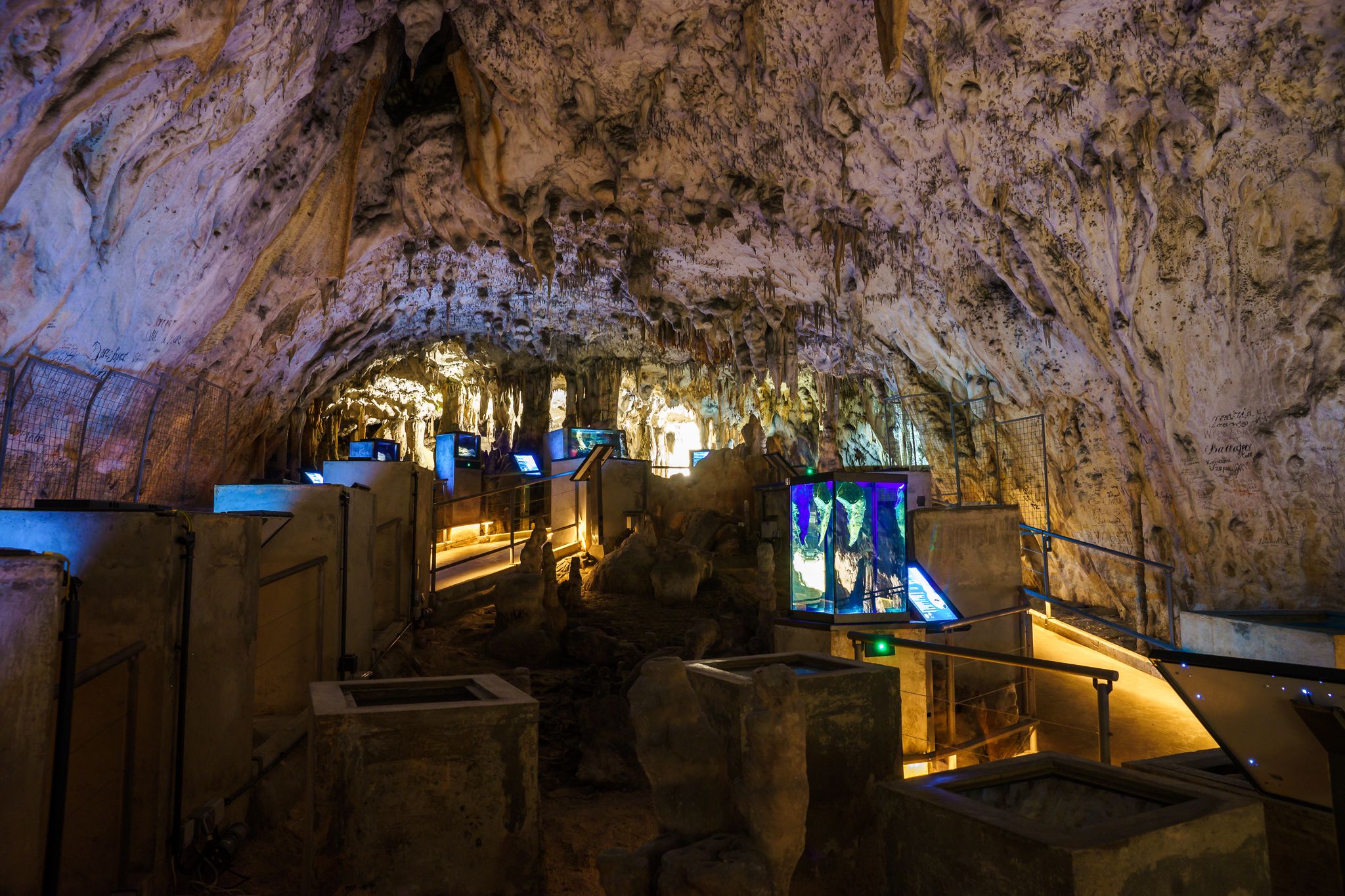 Postojna cave, Slovenia. Formations inside cave with stalactites and stalagmites. 