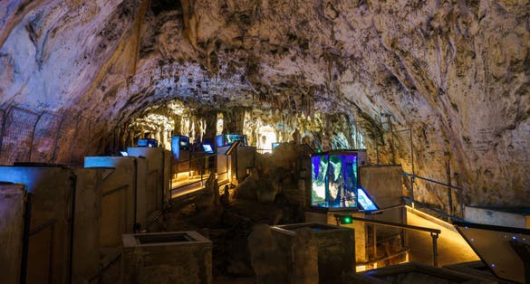 Postojna cave, Slovenia. Formations inside cave with stalactites and stalagmites. 