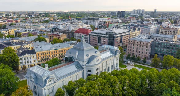 photo of Riga, Latvia – July 18 2019: Aerial view photo from flying drone panoramic on Latvian national museum of art Riga, Latvia.