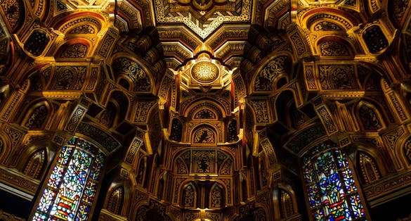 Interior of Cardiff Castle in Cardiff in Wales, United Kingdom. This beautifully decorated room is known as the Arab room and is one of Burge's Masterpieces