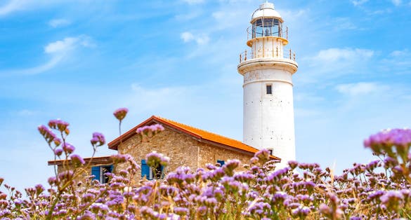Photo of Paphos lighthouse on the Mediterranean coast.
