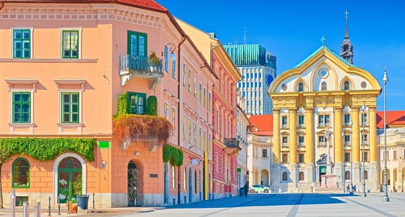 View of Congress Square and the Ursuline Church of the Holy Trinity in the center of Ljubljana, Slovenia