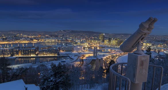 photo of Oslo skyline winter at evening in Norway.