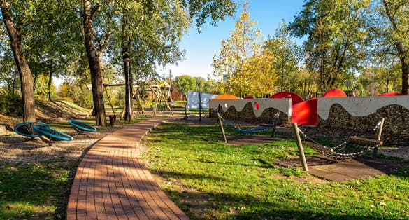 Photo of entrance to a large children playground area in Bundek city park, Zagreb, Croatia.
