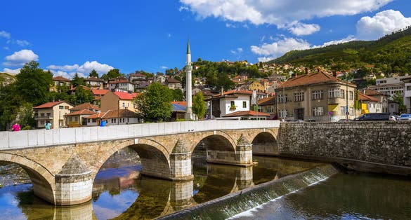 Photo of Latin bridge in Sarajevo in a beautiful summer day, Bosnia and Herzegovina.