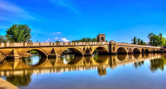 Photo of beautiful bridge above Meric River in Edirne, Turkey.