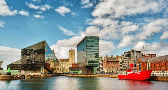 Photo of buildings in Liverpool (England) near the river Mersey.