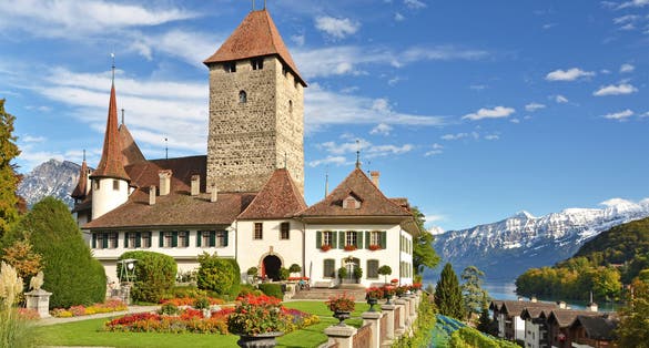 photo of Spiez castle on lake Thun (Jungfrau region, canton Bern, Switzerland).