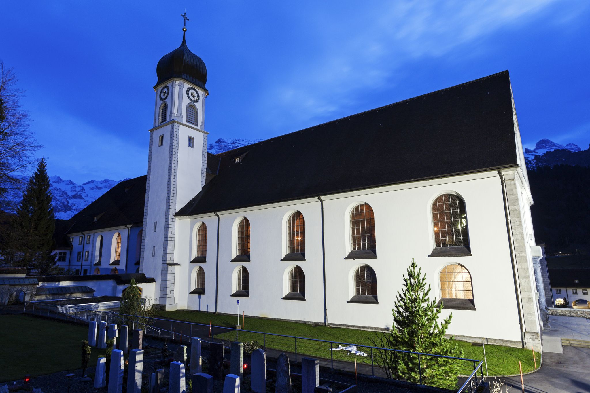 photo of night view of Engelberg Abbey (Kloster Engelberg) in Switzerland.