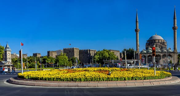 Photo of Cumhuriyet Square view with flowers in Kayseri City of Turkey.