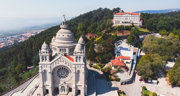 Aerial view of Viana do Castelo, Portugal, with Basilica Santa Luzia Church, shot from drone.