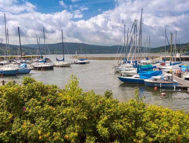 Sailboats docked at Lipno Lake, a popular destination for water sports and swimming in Czechia in July..jpg