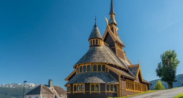 photo of view of The church of Balestrand Sogndal, Vestland, Norway. On the northern shore of the Sognefjorden. A major tourist stop since the 1800s.