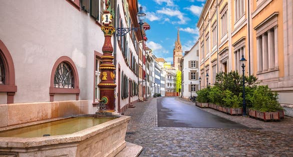Photo of Basel historic upper town alley architecture view, Northwestern Switzerland.