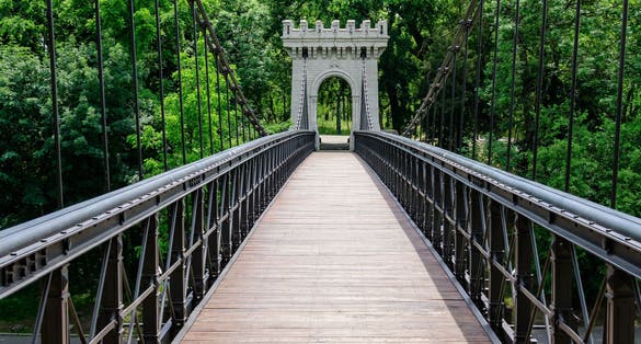 Photo of Renovated suspended metallic bridge in Nicolae Romaescu park from Craiova in Dolj county, Romania, in a beautiful sunny spring day.