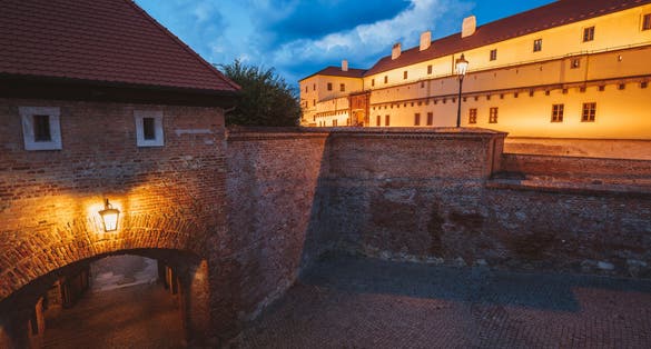 Photo of Spilberk Castle historic building at night in Brno, Czech Republic.