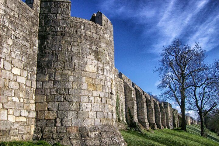 The ancient stone walls of York stand tall on a sunny day, with a tree and blue sky in the background..jpg